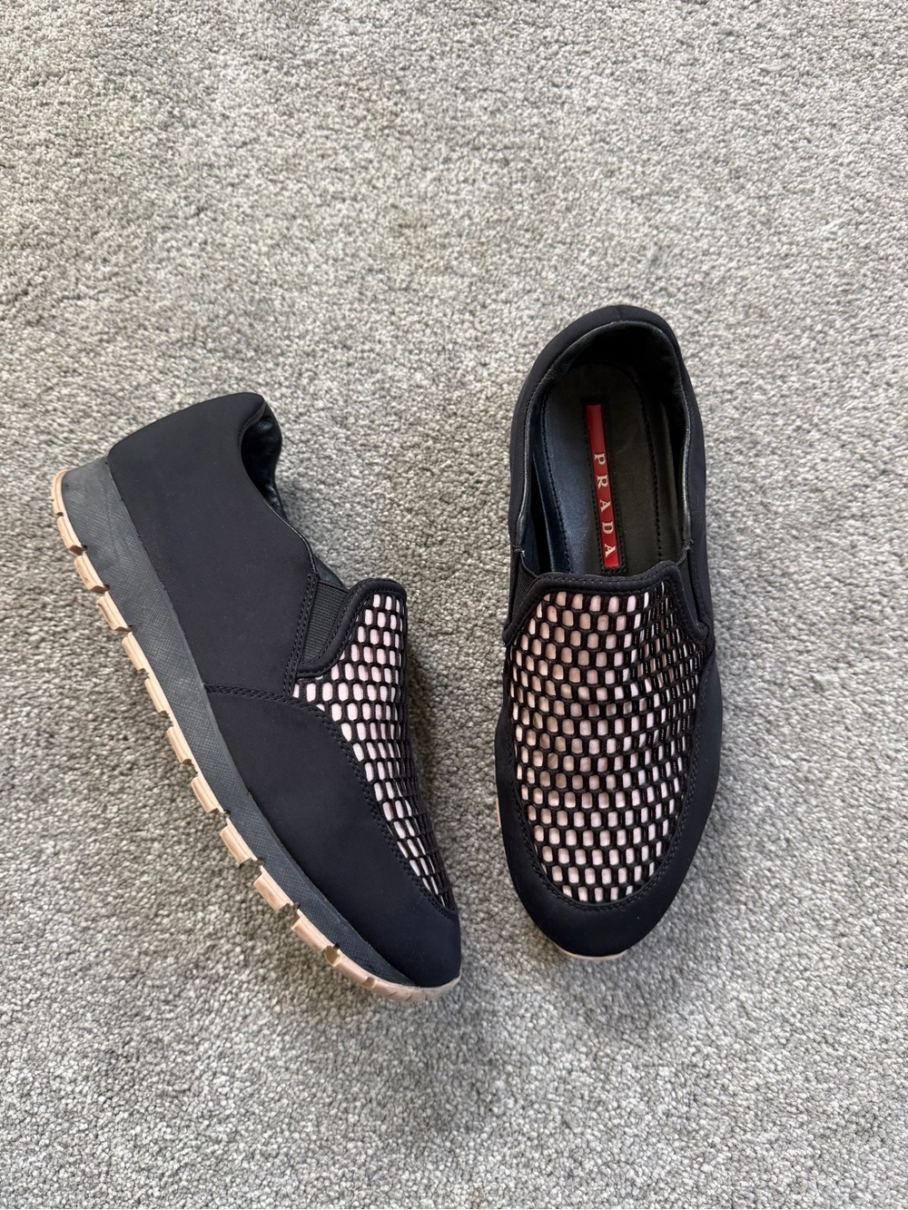 Size 40 1/2 Prada Sport Black & Pink Nylon Honeycomb Mesh Slip-On Sneaker